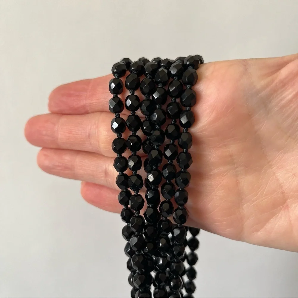 Amazing Vintage Black Beaded Multi Strap Long Tassel Necklace Art Deco Flapper